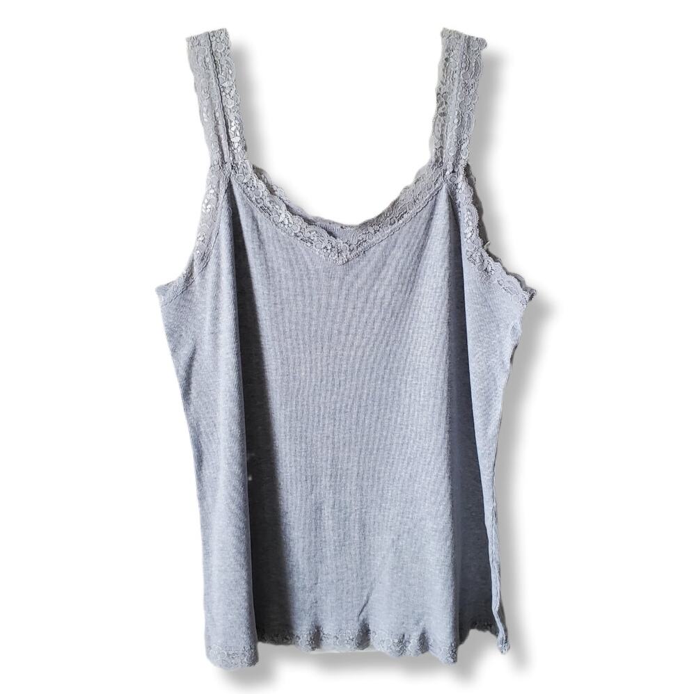 Women Y2K Gray Ribbed Lace Trim Cami Tank Top Plus Size 3X Stretch Layering